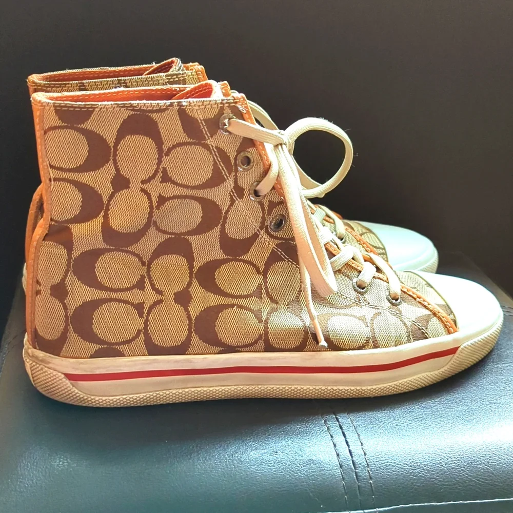 Coach Tan Signature High-Top Sneakers — Tan/White